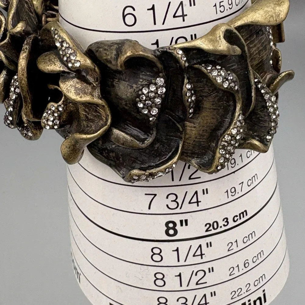 Vintage Rose Statement Bracelet Bronze Crystals Romantic HEAVY